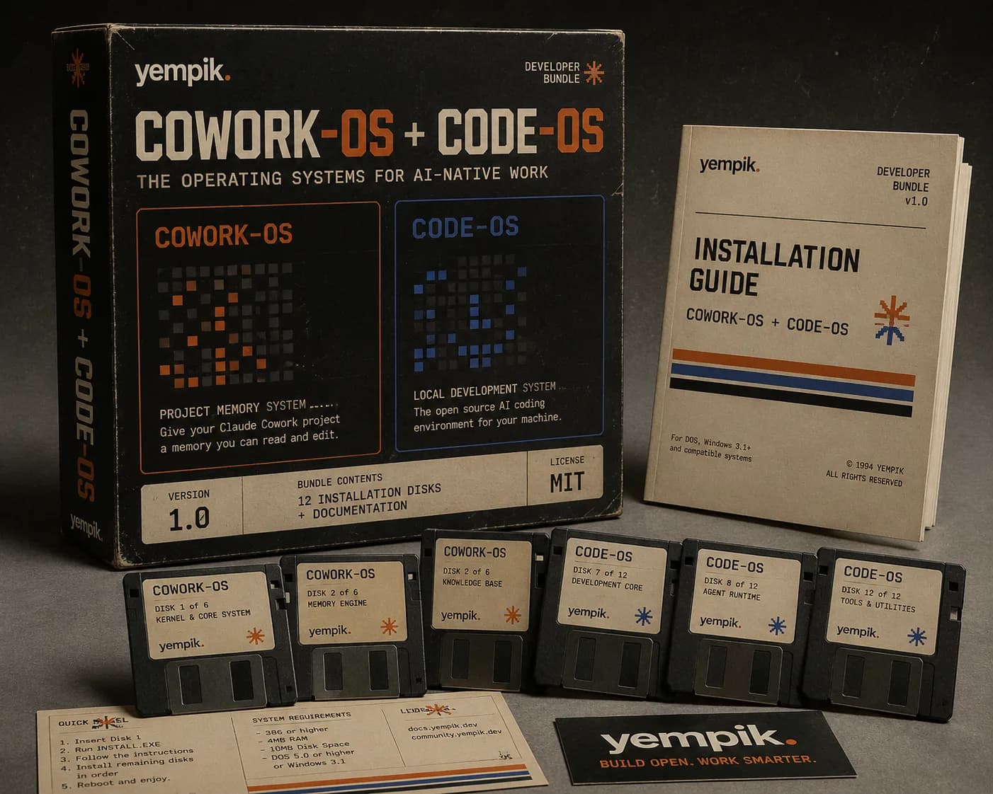 Confezione software in stile retro di cowork-os e code-os, i kit open source di Yempik per tenere il company brain su file che possiedi.