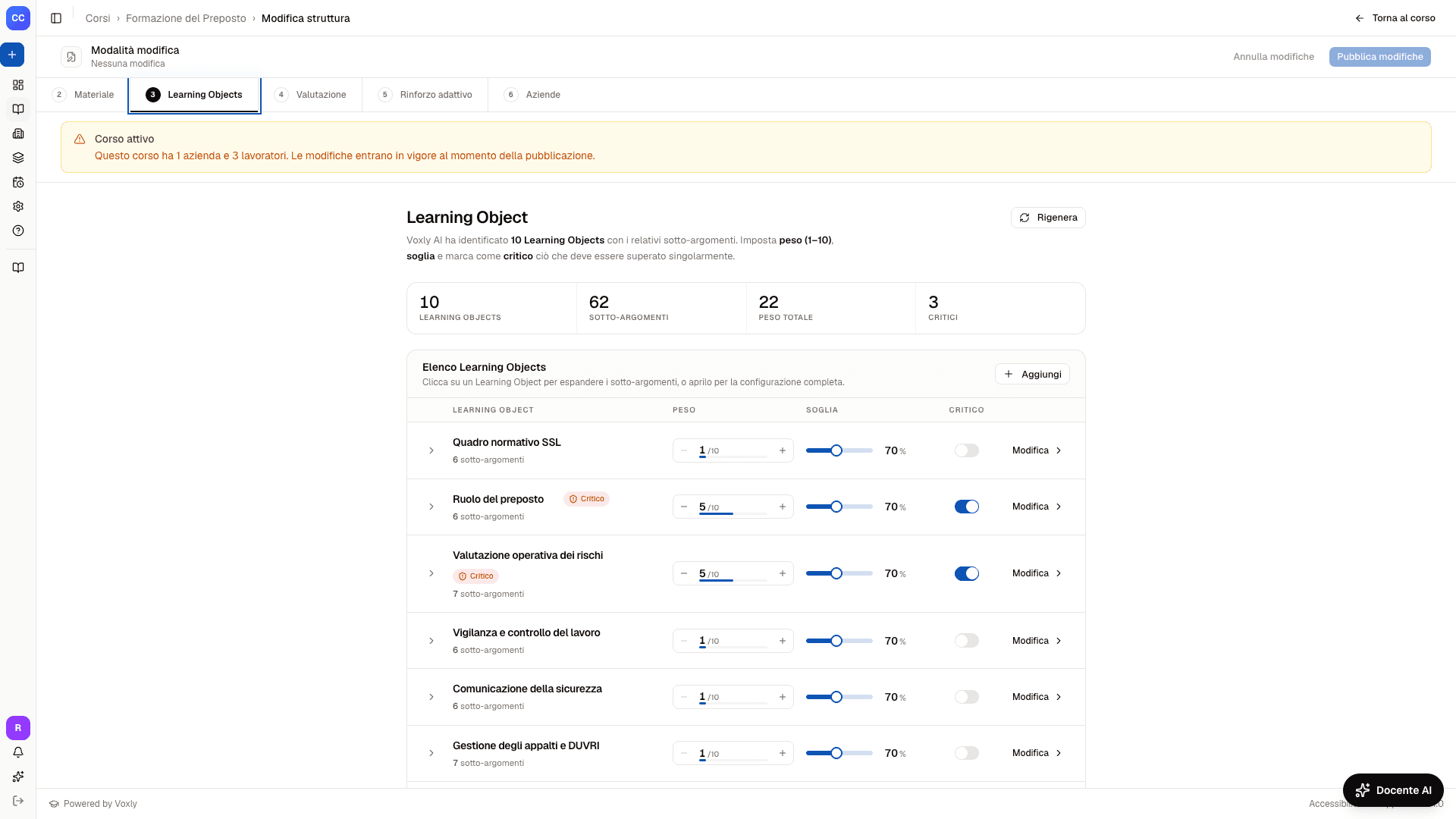 Schermata Saperia con Learning Objects, pesi, soglie e aree critiche