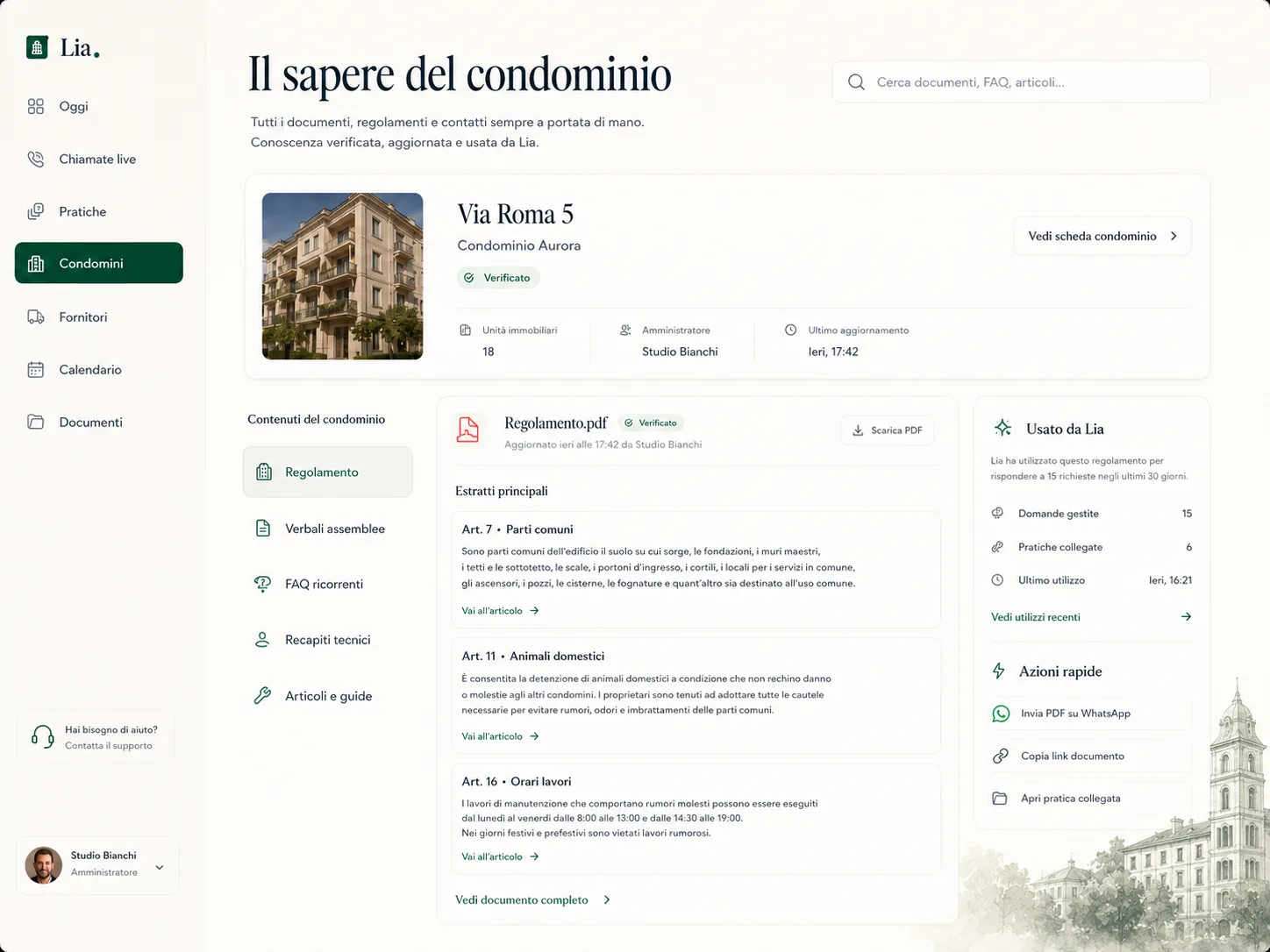Schermata Lia con sapere del condominio, regolamento, FAQ ricorrenti e recapiti tecnici