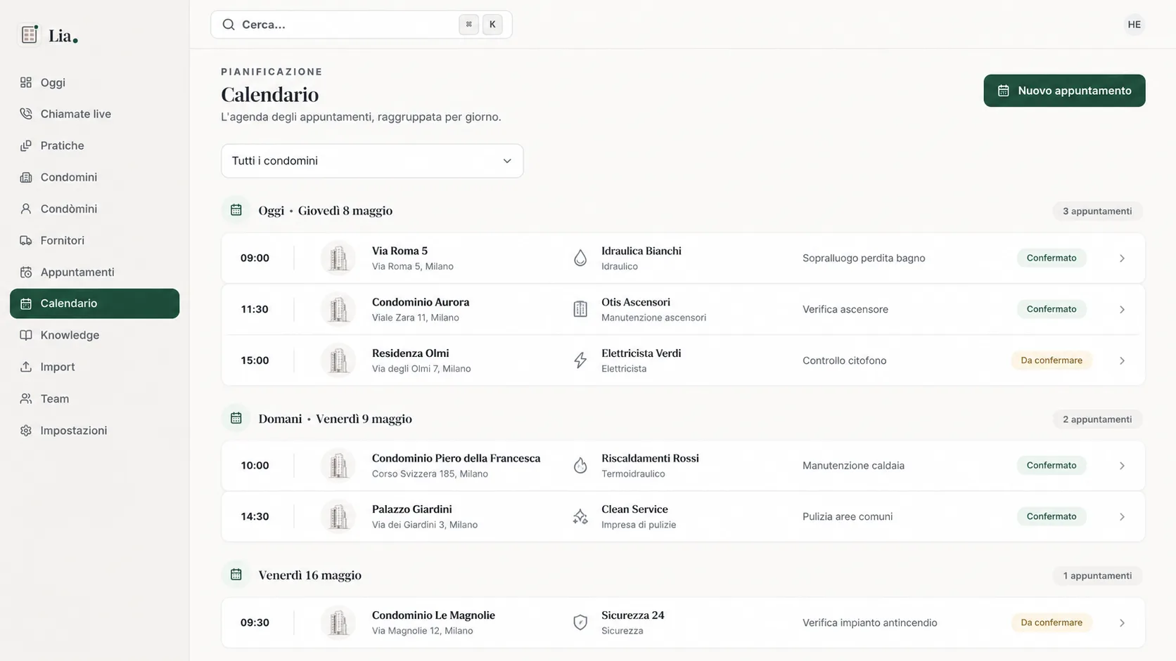 Schermata calendario Lia con appuntamenti, interventi, assemblee e manutenzioni dello studio
