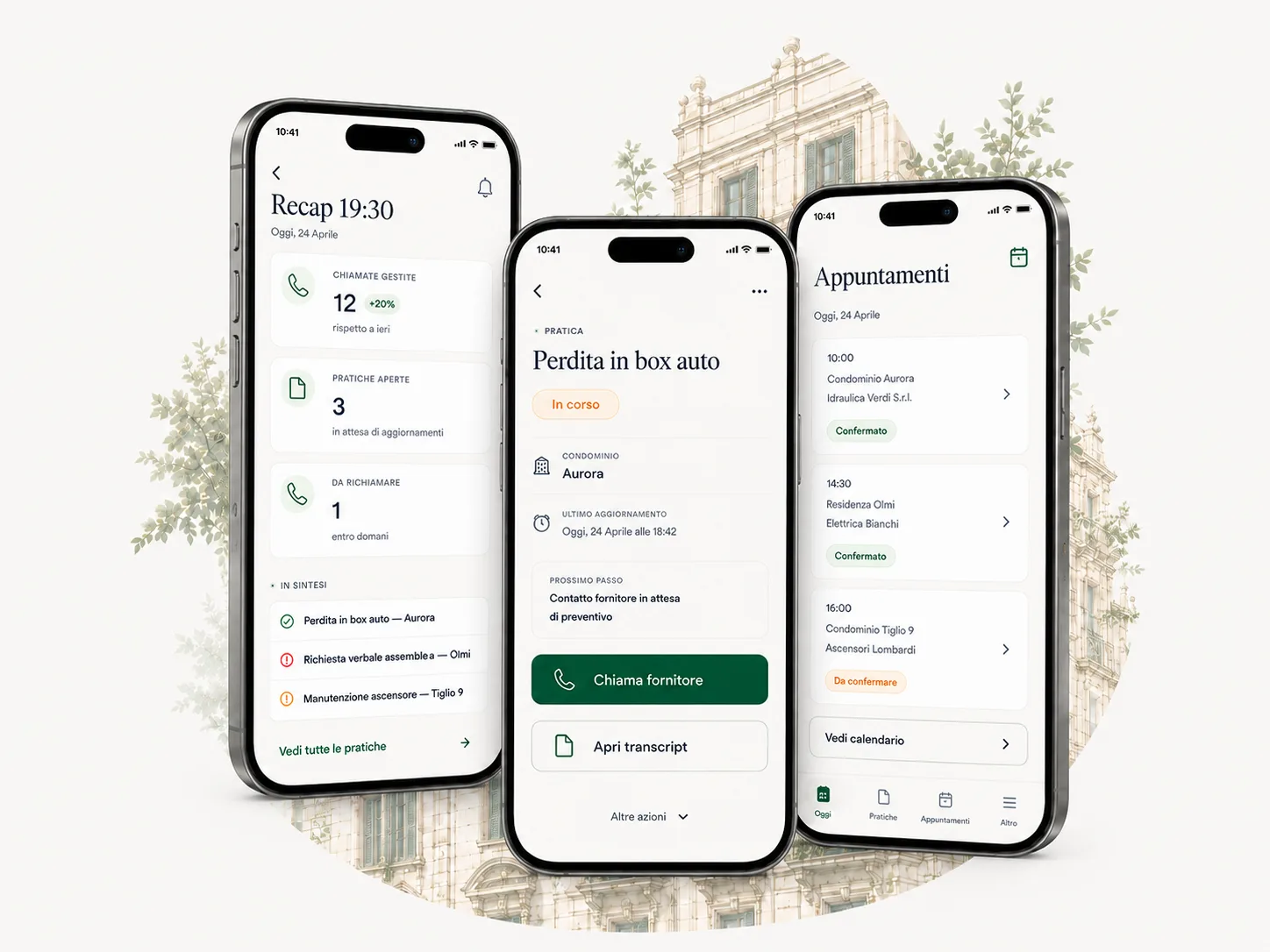 App mobile di Lia con recap della giornata, dettaglio pratica e calendario appuntamenti con i fornitori